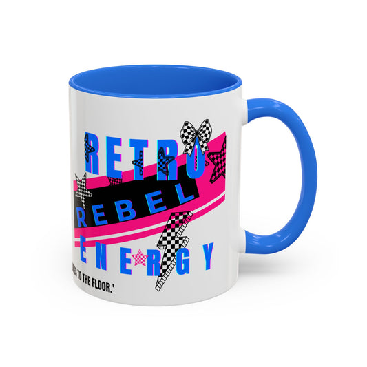 Mug with 'Retro Rebel Energy' design and blue interior and handle on a white background