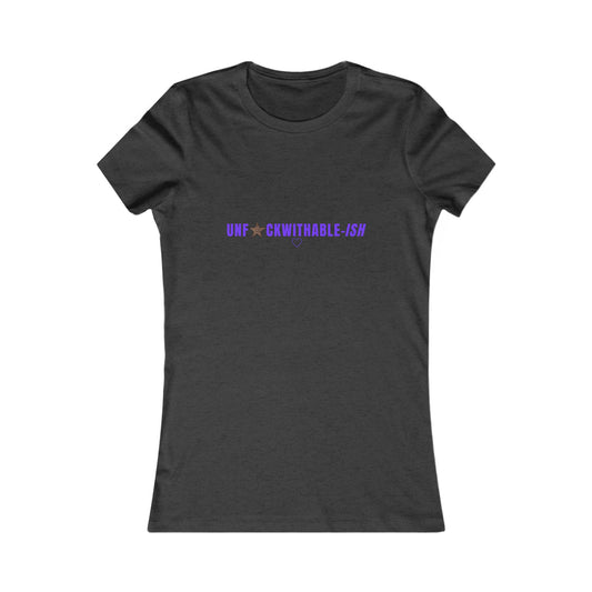 Black t-shirt with purple text on a white background