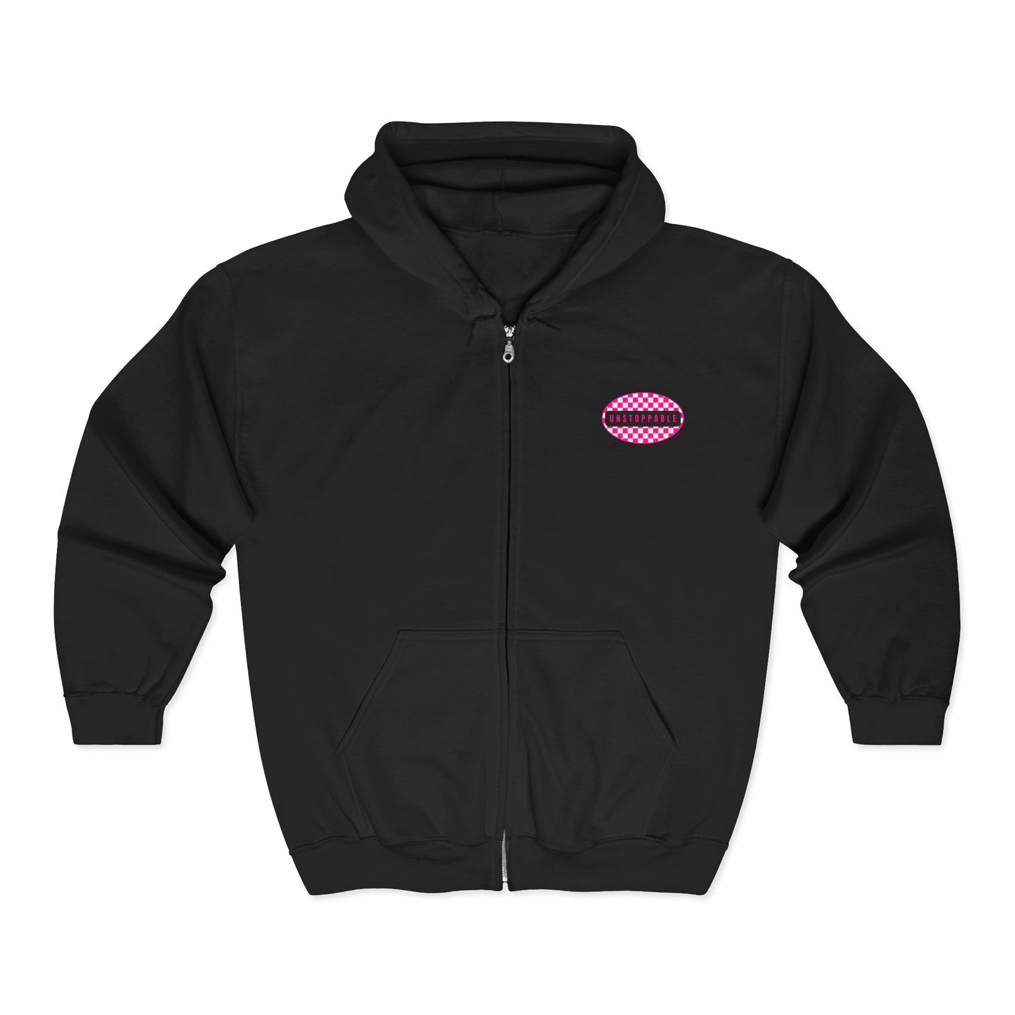 Black hoodie with a pink and white logo on a white background the bean grind streetwear