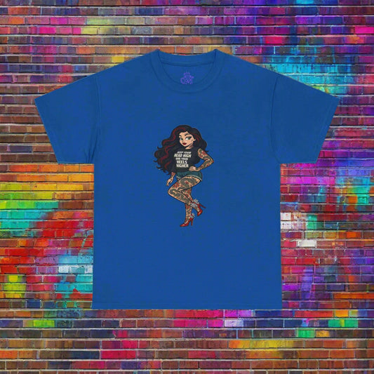 Blue t-shirt with a graphic of a tattooed woman on a white background