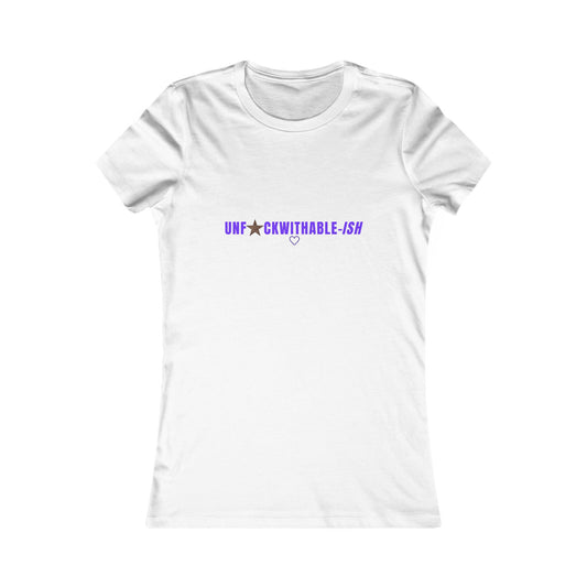 White t-shirt with purple text on a white background