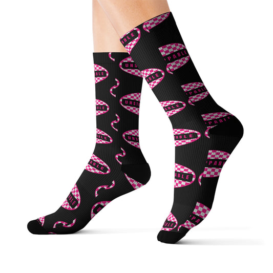 Unstoppable Black & Hot Pink Retro Crew Socks, All Over Print