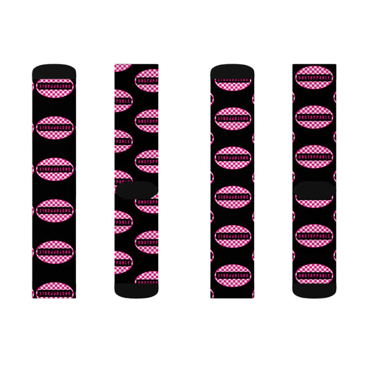 Unstoppable Black & Hot Pink Retro Crew Socks, All Over Print