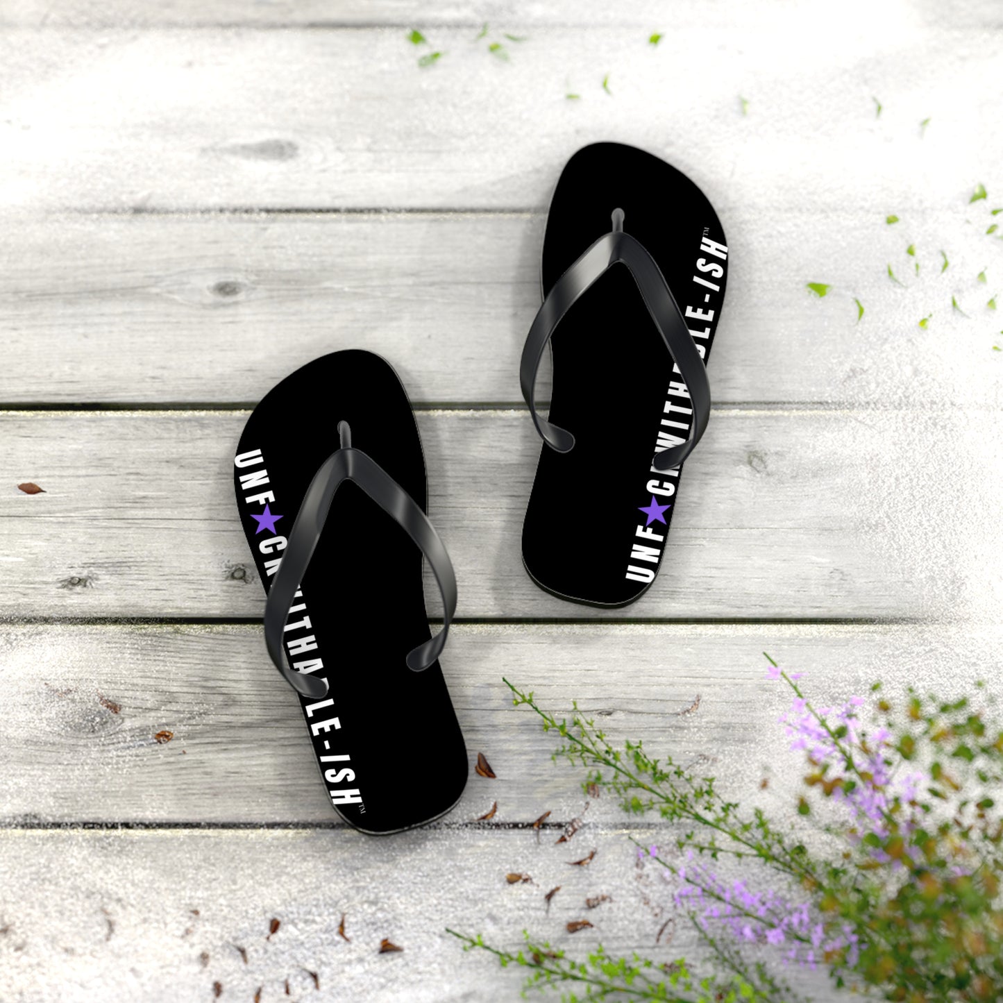 UNF★CKWITHABLE-ISH™ Flip Flops Black, White/Purple Star