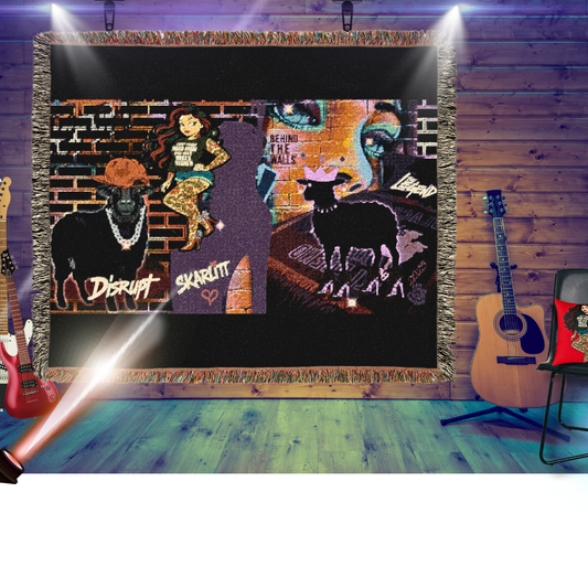 Decorative wall hanging with artistic designs of animals and text, displayed in a room with guitars and a chair.