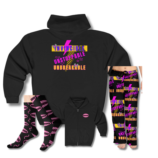 Retro Rebel Streetwear Hot Pink Bundle, PJ's, Crew Socks, Zip Hoodie