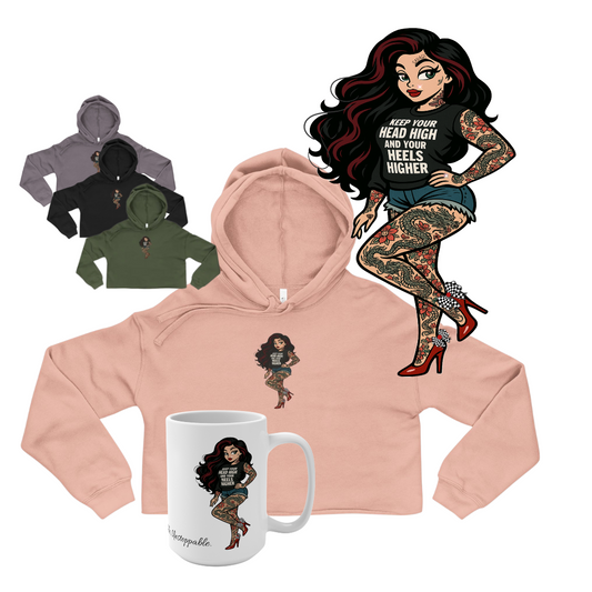 Pink hoodie with graphic design, matching mug, and hoodies in different colors on a white background.